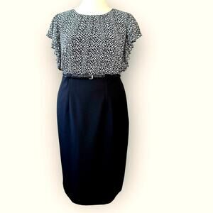 Calvin Klein Casual Flutter Sleeve Belted Blouson Dress Size L/XL Contrast Black